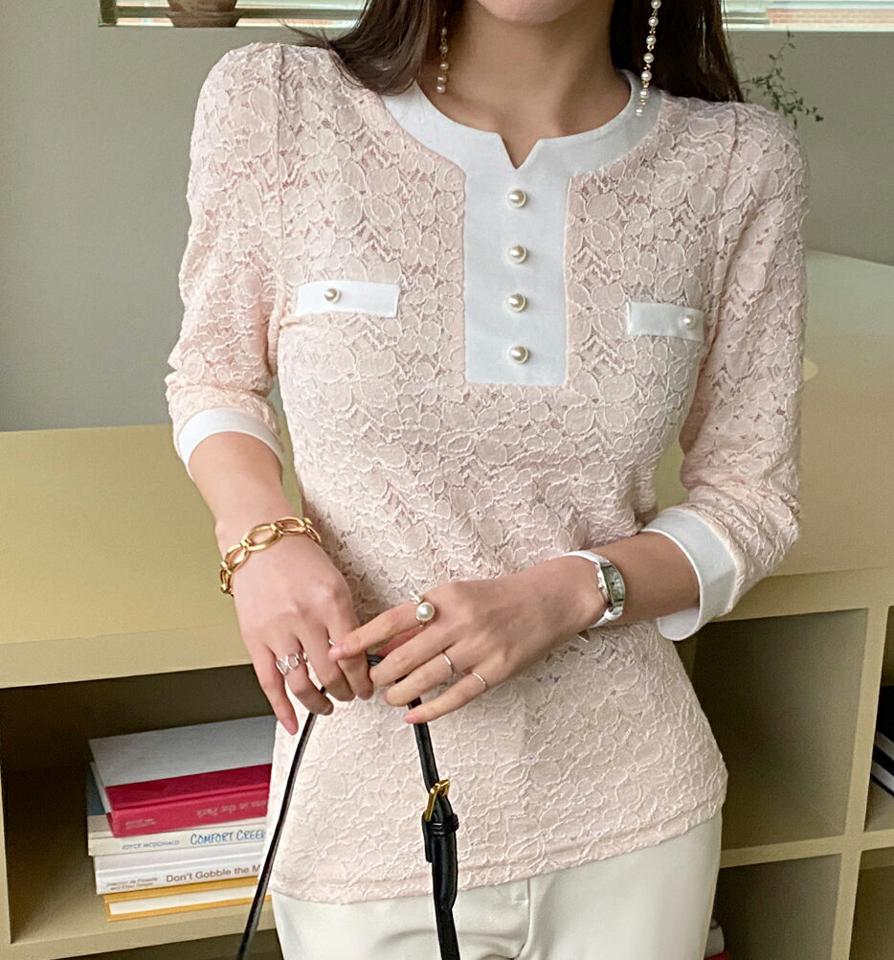 配色レース7分袖ブラウス・全3色・t71805 レディース 【bl】トップス ブラウス 七分丈 七分袖 7分袖 7分丈 レース 総レース パールボタン フェミニン スリットネック パステル きれいめ 上品 大人 春 秋 韓国ファッション ハイホリHIHOLLI