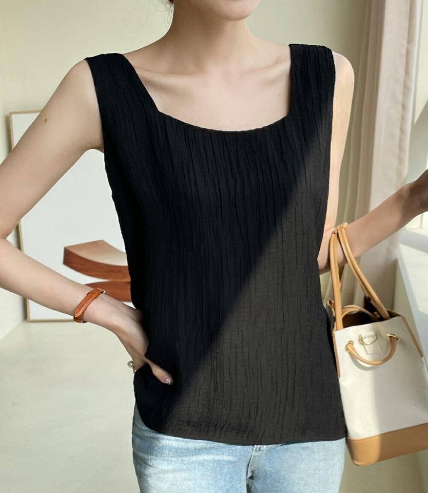 リンクルスクエアネックノースリーブ・全3色・t71973 レディース 【tops】トップス スリーブレス ノースリーブ 単色 リンクル 模様 パステル 鎖骨 デコルテ見せ 春 夏 カジュアル フェミニン 大人っぽ 韓国ファッション ハイホリHIHOLLI