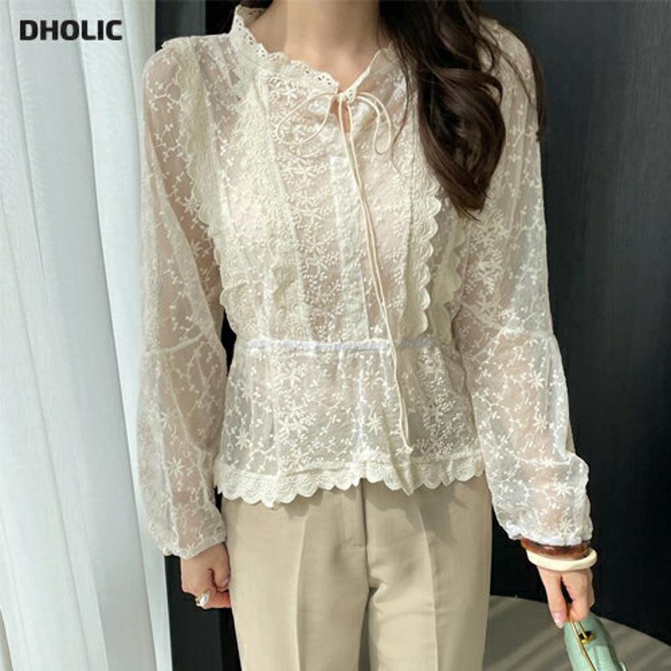 キャミ付刺繍レースブラウス・全2色・b71985 レディース 【bl】ブラウス トップス 長袖 刺繍 レース 柄 模様 単色 キャミ セット フラワー 花柄 シアー 高級感 透け感 異素材 スリットネック フェミニン ガーリー 韓国ファッション ハイホリHIHOLLI