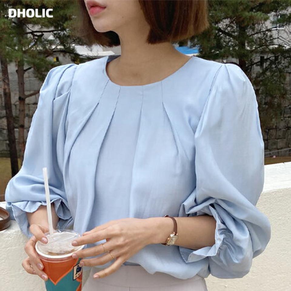 タックラウンドパフブラウス・全3色・t00506 レディース 【bl】韓国ファッション トップス ブラウス 長袖 ラウンドネック タック パフスリーブ 無地 シンプル オフィスカジュアル フェミニン デイリー ボリュームスリーブ 春 秋