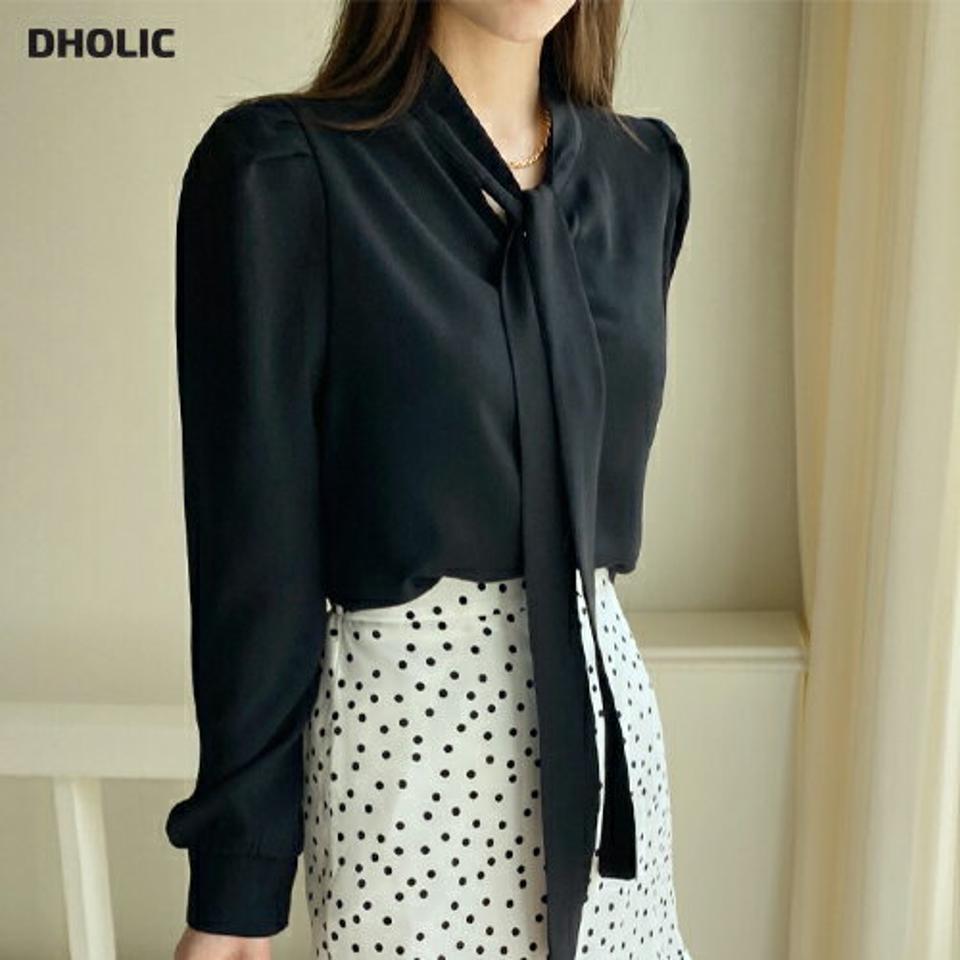 ボウタイパフブラウス・全4色・t71933 レディース 【bl】トップス ブラウス 長袖 単色 無地 シンプル オフィスカジュアル ボウタイ パフスリーブ 春 秋 上品 フェミニン 大人っぽ スリット ハーフネック 韓国ファッション ハイホリHIHOLLI