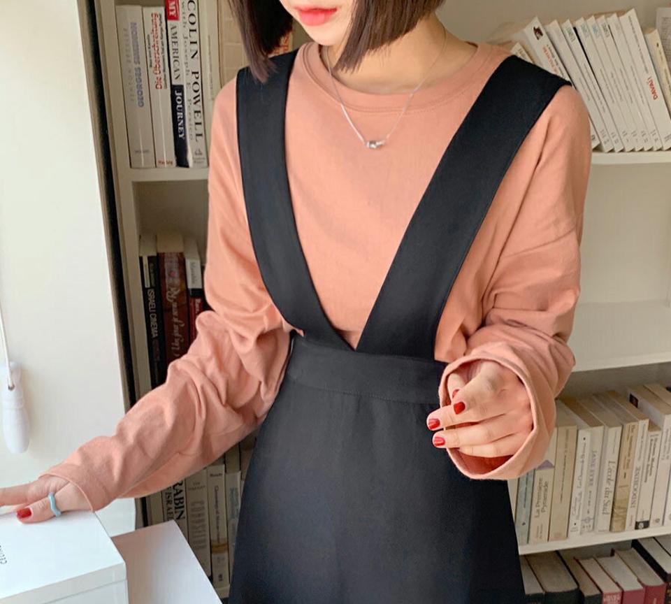 ボクシーロングTシャツ・全5色・e00176 レディース 【tops】韓国ファッション トップス Tシャツ 大人 長袖 ラウンドネック ボクシー ロング ロンT ドロップショルダー 無地 シンプル かわいい フェミニン カジュアル デイリー 春 秋