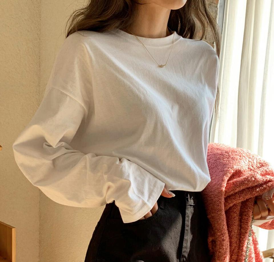 ボクシーロングTシャツ・全5色・e00176 レディース 【tops】韓国ファッション トップス Tシャツ 大人 長袖 ラウンドネック ボクシー ロング ロンT ドロップショルダー 無地 シンプル かわいい フェミニン カジュアル デイリー 春 秋