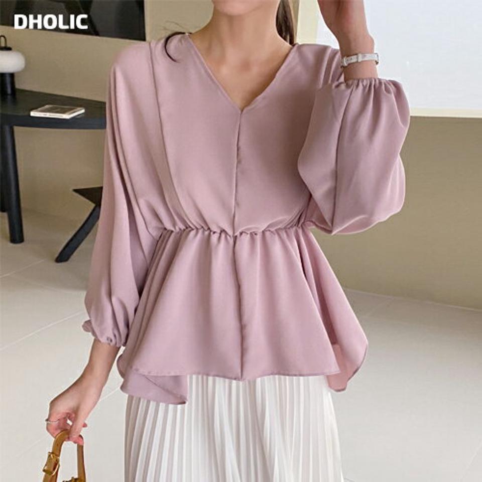 バックストラップフレアブラウス・全4色・t71808 レディース 【bl】トップス ブラウス 長袖 フレアブラウス フレアトップス Vネック ウエストゴム パステル フェミニン シンプル きれいめ 単色 無地 春 秋 韓国ファッション ハイホリHIHOLLI