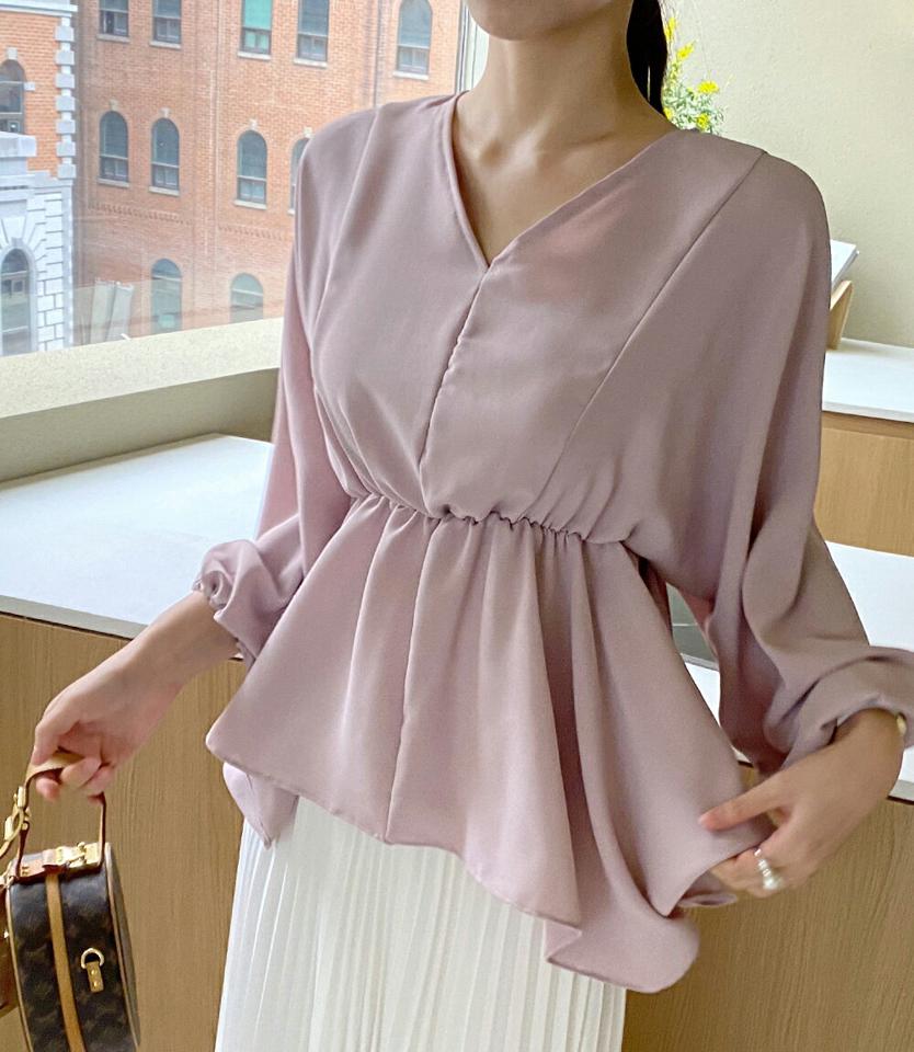 バックストラップフレアブラウス・全4色・t71808 レディース 【bl】トップス ブラウス 長袖 フレアブラウス フレアトップス Vネック ウエストゴム パステル フェミニン シンプル きれいめ 単色 無地 春 秋 韓国ファッション ハイホリHIHOLLI