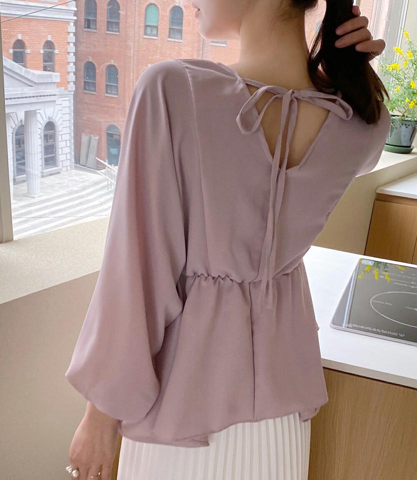 バックストラップフレアブラウス・全4色・t71808 レディース 【bl】トップス ブラウス 長袖 フレアブラウス フレアトップス Vネック ウエストゴム パステル フェミニン シンプル きれいめ 単色 無地 春 秋 韓国ファッション ハイホリHIHOLLI