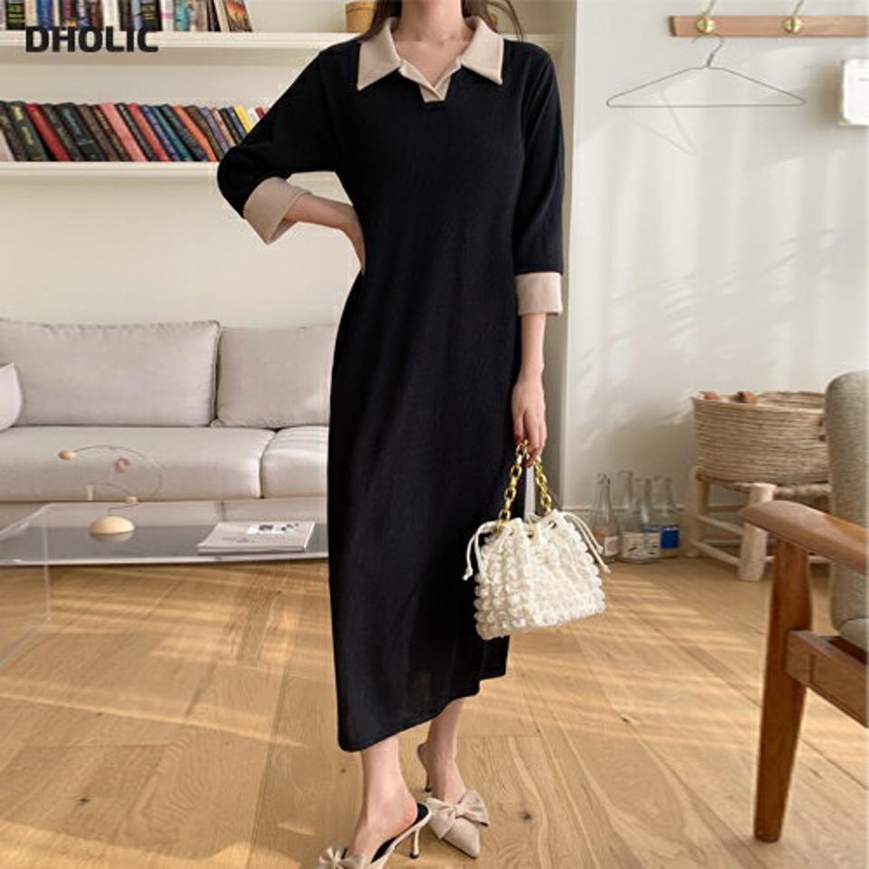 カラー配色リブワンピース・全3色・t00328 レディース 【ops】韓国ファッション ワンピース ロング ロングワンピース 7分袖 7分丈 カラーネック メリハリ 配色 スリット リブ ロング丈 シンプル フェミニン 春 秋