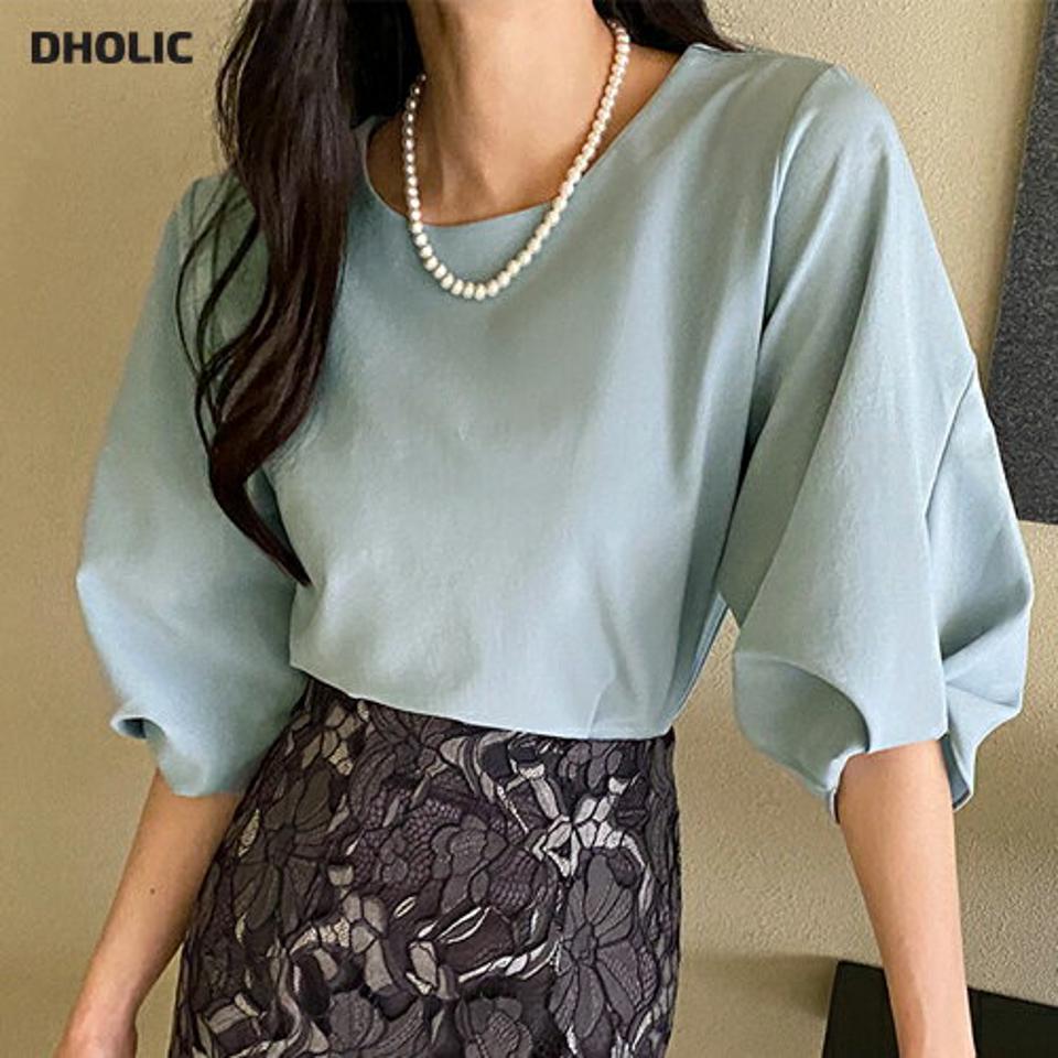 ツイストパフスリーブブラウス・全7色・b71806 レディース 【bl】ブラウス トップス 七分丈 単色 無地 シンプル パフスリーブ オフィスカジュアル パステル 春 夏 上品 きれいめ 大人 二の腕カバー ブルべ サマー 韓国ファッション ハイホリHIHOLLI