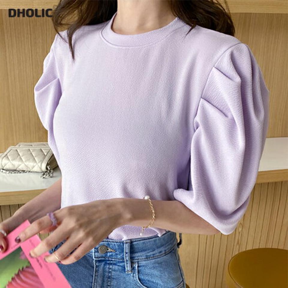 リンクルパフ半袖Tシャツ・全4色・t00318 レディース 【tops】韓国ファッション トップス Tシャツ 大人 半袖 ラウンドネック リンクル パフスリーブ クロップド丈 無地 シンプル フェミニン カジュアル デイリー 夏 春 秋