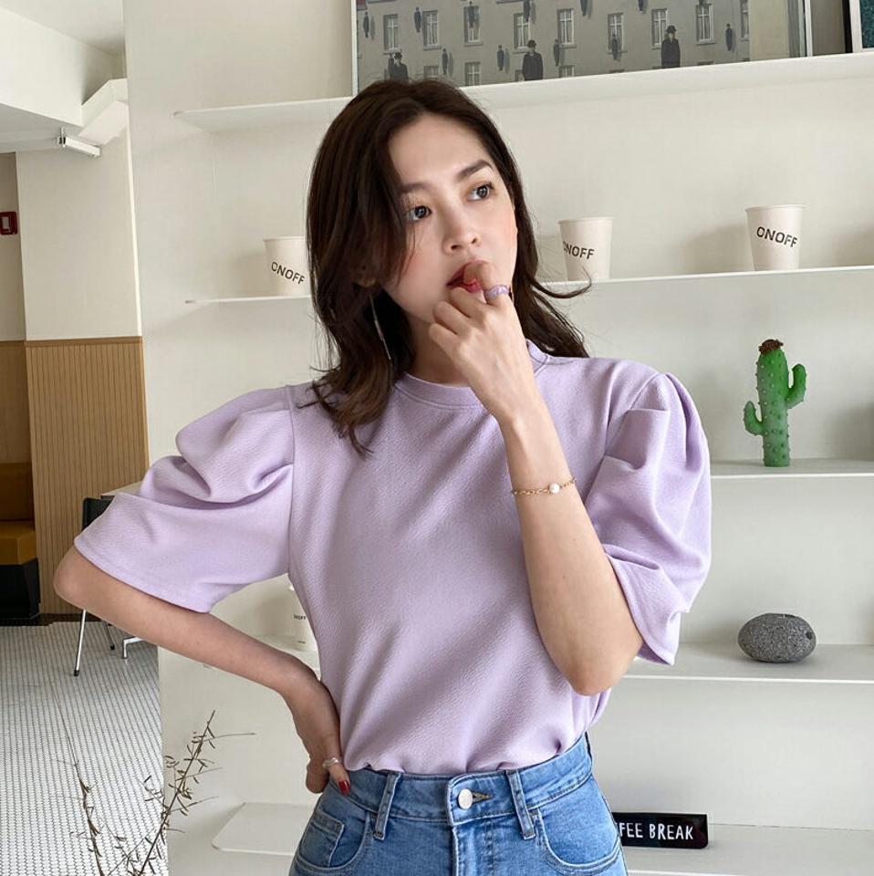 リンクルパフ半袖Tシャツ・全4色・t00318 レディース 【tops】韓国ファッション トップス Tシャツ 大人 半袖 ラウンドネック リンクル パフスリーブ クロップド丈 無地 シンプル フェミニン カジュアル デイリー 夏 春 秋