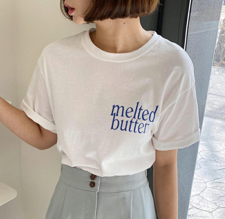 バストレタリング半袖Tシャツ・全3色・t00316 レディース 【tops】韓国ファッション トップス Tシャツ 大人 半袖 ラウンドネック レタリング 英字 ロゴ シンプル コットン 綿 フェミニン カジュアル デイリー 夏 春 秋