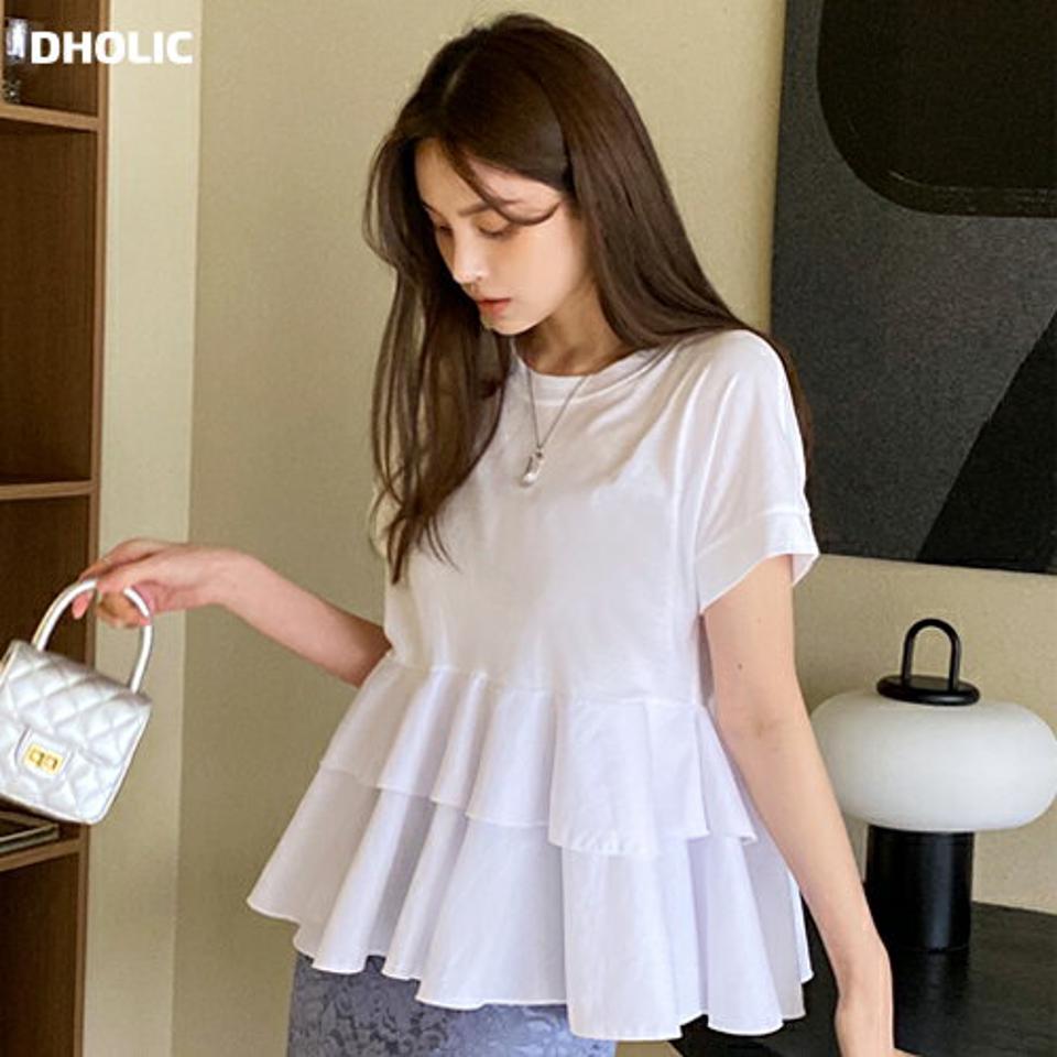 ティアードフレアTシャツ・全2色・t71797 レディース 【tops】トップス Tシャツ 半袖 フレアトップス ティアード 無地 シンプル フェミニン シンプル 体型カバー ラウンドネック フリル コットン 春 夏 人気 韓国ファッション HIHOLLI