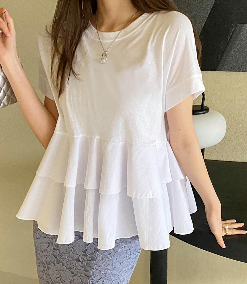 ティアードフレアTシャツ・全2色・t71797 レディース 【tops】トップス Tシャツ 半袖 フレアトップス ティアード 無地 シンプル フェミニン シンプル 体型カバー ラウンドネック フリル コットン 春 夏 人気 韓国ファッション HIHOLLI
