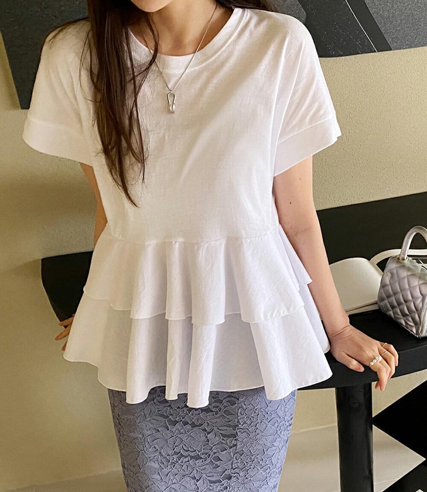 ティアードフレアTシャツ・全2色・t71797 レディース 【tops】トップス Tシャツ 半袖 フレアトップス ティアード 無地 シンプル フェミニン シンプル 体型カバー ラウンドネック フリル コットン 春 夏 人気 韓国ファッション HIHOLLI