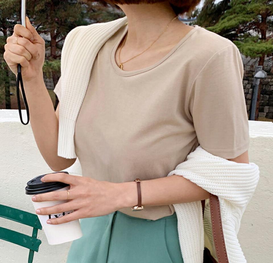 VネックTシャツ・全4色・t00502 レディース 【tops】韓国ファッション トップス Tシャツ 大人 半袖 Vネック 伸縮性 無地 ベーシック シンプル レーヨン混 フェミニン カジュアル デイリー 夏 春 秋