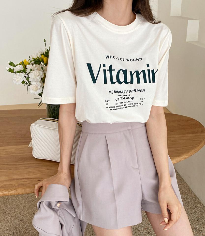 【20%OFF】Vitamin半袖Tシャツ・全5色・t66413 レディース 【tops】トップス 半袖 Tシャツ ロゴ ロゴT ラフ 楽ちん 春 夏 カジュアル シンプル かわいい 可愛い カラバリ ビビッド 綿 テンセル ウレタン 白 緑 青 赤 オレンジ 韓国ファッション GWセール
