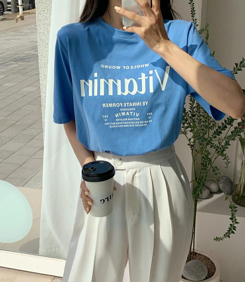 【20%OFF】Vitamin半袖Tシャツ・全5色・t66413 レディース 【tops】トップス 半袖 Tシャツ ロゴ ロゴT ラフ 楽ちん 春 夏 カジュアル シンプル かわいい 可愛い カラバリ ビビッド 綿 テンセル ウレタン 白 緑 青 赤 オレンジ 韓国ファッション GWセール