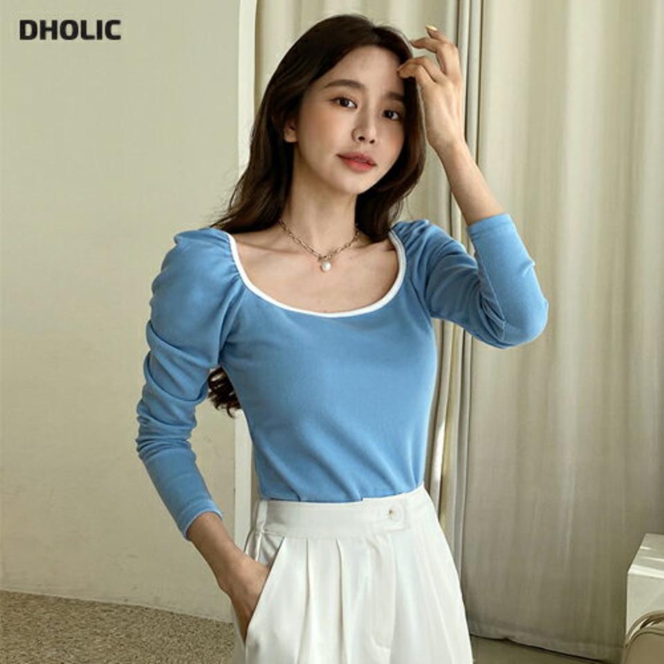 2WAY配色スクエアパフTシャツ・全3色・b66415 レディース 【tops】トップス Tシャツ 長袖 配色 ライン 春 秋 冬 2WAY パステル スクエアネック クロップド丈 鎖骨 デコルテ見せ キュート ガーリー かわいい 可愛い カジュアル 韓国ファッション