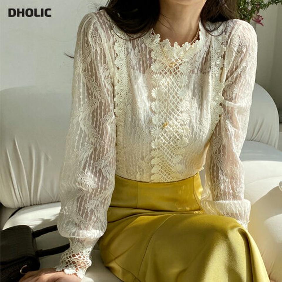 シアーフラワーレースブラウス・全2色・b66416 レディース 【bl】ブラウス トップス 長袖 花 フラワー レース 模様 柄 総柄 透け感 シアー 春 夏 秋 大人っぽ フェミニン 上品 かわいい 可愛い 裏地 パステル クリーム ブラック 韓国ファッション