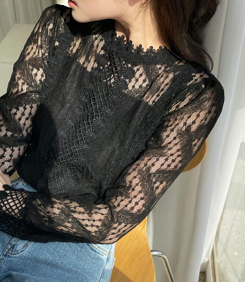 シアーフラワーレースブラウス・全2色・b66416 レディース 【bl】ブラウス トップス 長袖 花 フラワー レース 模様 柄 総柄 透け感 シアー 春 夏 秋 大人っぽ フェミニン 上品 かわいい 可愛い 裏地 パステル クリーム ブラック 韓国ファッション