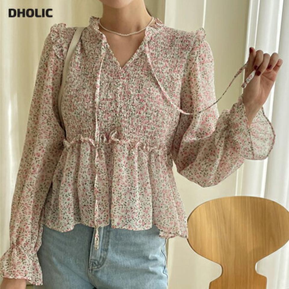 シャーリングフローラルブラウス・全1色・66417 レディース 【bl】ブラウス トップス 長袖 花柄 模様 総柄 春 秋 シャーリング シフォン ふんわり スリット リボン りぼん フリル フレア 可愛い かわいい ガーリー フェミニン 韓国ファッション
