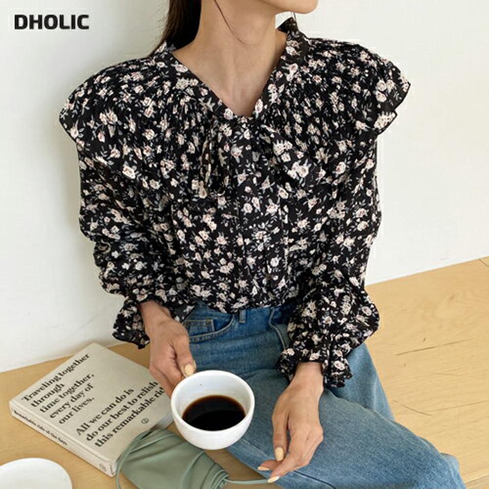 【スーパーセール特価】ショルダーシャーリングフローラルブラウス・全3色・b66419 レディース 【bl】ブラウス トップス 長袖 花柄 模様 総柄 シャーリング ユニーク 華やか 上品 フリル 春 秋 ラグラン フェミニン ガーリー キュート ボリューム 韓国ファッション