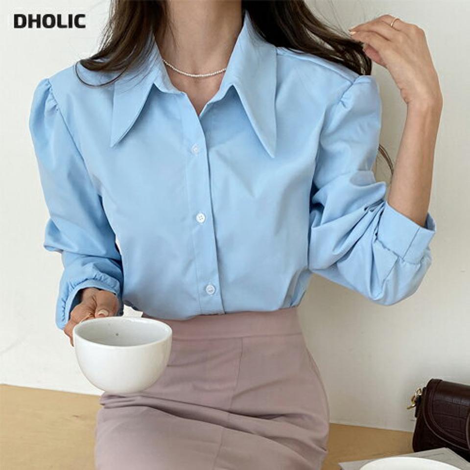 シャープカラーネックシャツ・全4色・t66420 レディース 【bl】シャツ トップス 長袖 襟 単色 無地 シンプル 襟コン ボタン 春 秋 冬 パステル オフィスカジュアル ギャザー パフスリーブ 上品 フェミニン カジュアル 大人っぽ きれいめ 韓国ファッション