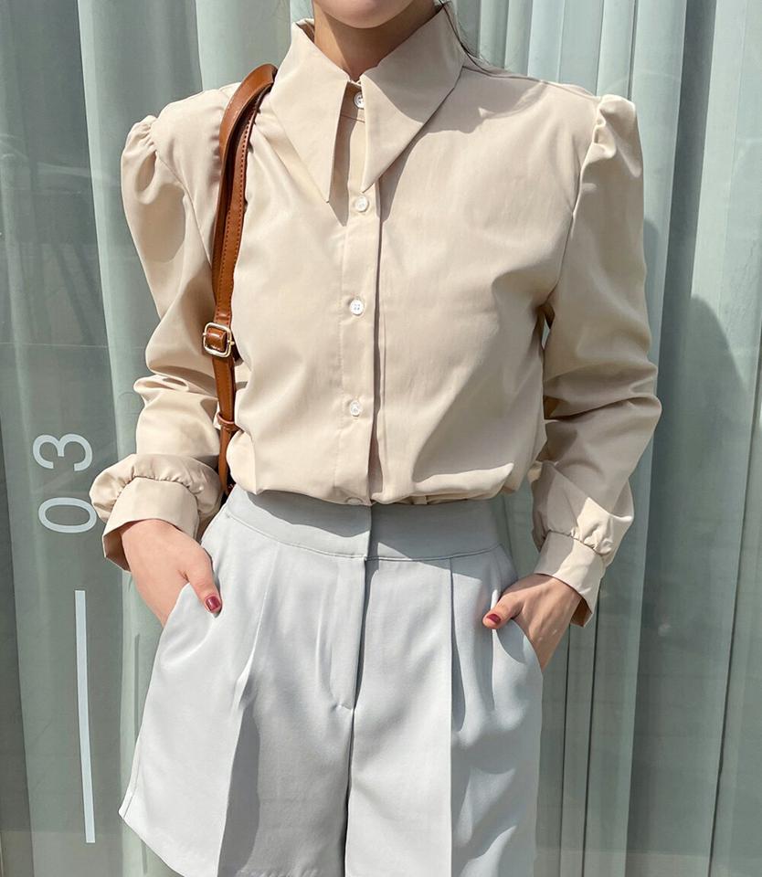 シャープカラーネックシャツ・全4色・t66420 レディース 【bl】シャツ トップス 長袖 襟 単色 無地 シンプル 襟コン ボタン 春 秋 冬 パステル オフィスカジュアル ギャザー パフスリーブ 上品 フェミニン カジュアル 大人っぽ きれいめ 韓国ファッション