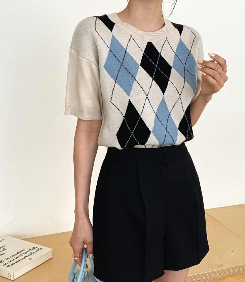 【10%OFF】アーガイル半袖ニット・全4色・t66421 レディース 【tops】トップス 半袖 ニット アーガイル 柄 模様 パステル 春 夏 オフィスカジュアル ガーリー フェミニン 可愛い かわいい キュート ピンク ベージュ クリーム パープル 韓国ファッション【HS】セール
