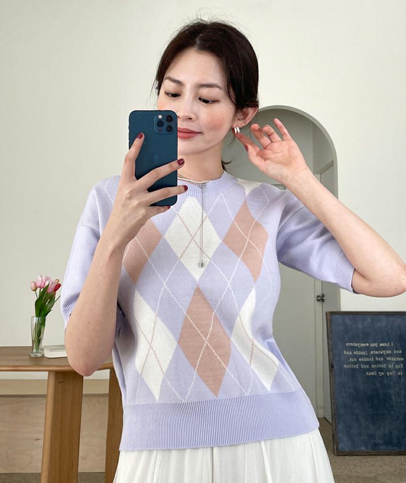 【10%OFF】アーガイル半袖ニット・全4色・t66421 レディース 【tops】トップス 半袖 ニット アーガイル 柄 模様 パステル 春 夏 オフィスカジュアル ガーリー フェミニン 可愛い かわいい キュート ピンク ベージュ クリーム パープル 韓国ファッション【HS】セール