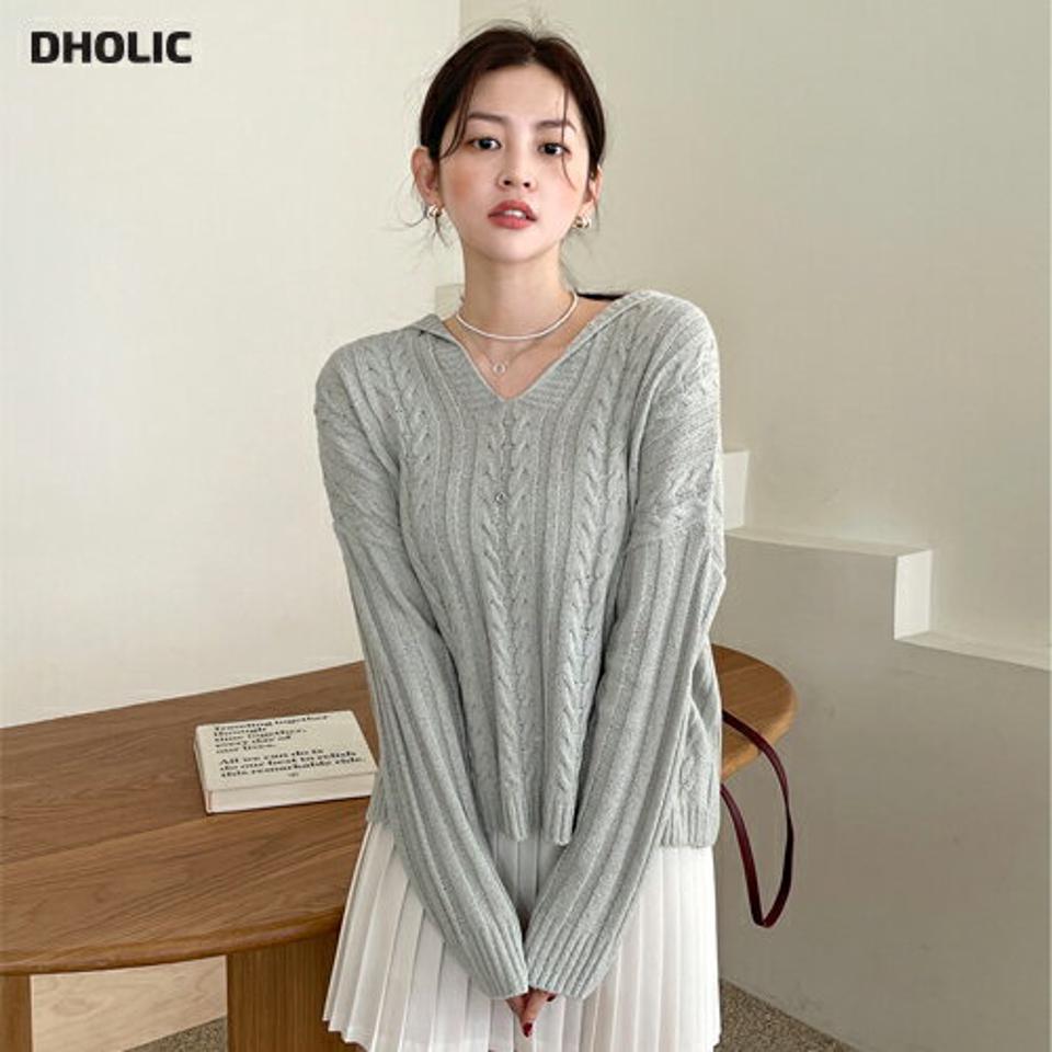 Vネックフードケーブルニット・全3色・t66423 レディース 【tops】ニット トップス 長袖 単色 パステル カラーニット Vネック 鎖骨 デコルテ見せ 春 秋 冬 ケーブル 編み 模様 フード 楽ちん カジュアル ラフ 韓国ファッション