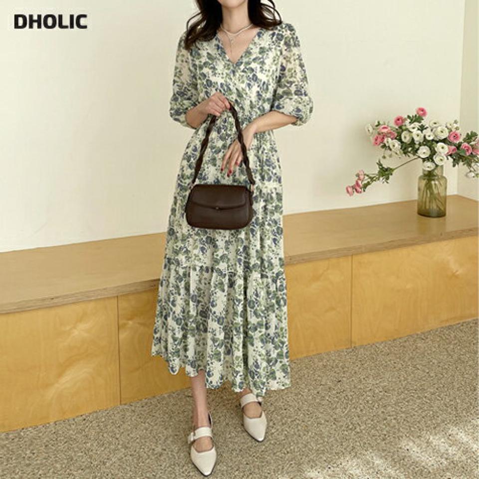 フラワーカシュクールワンピース・全2色・b66426 レディース 【ops】ワンピース ロング 丈 半袖 花柄 模様 総柄 Vネック 春 夏 鎖骨 デコルテ見せ カシュクール きれいめ フェミニン 大人 緑 上品 パフスリーブ 人気 韓国ファッション