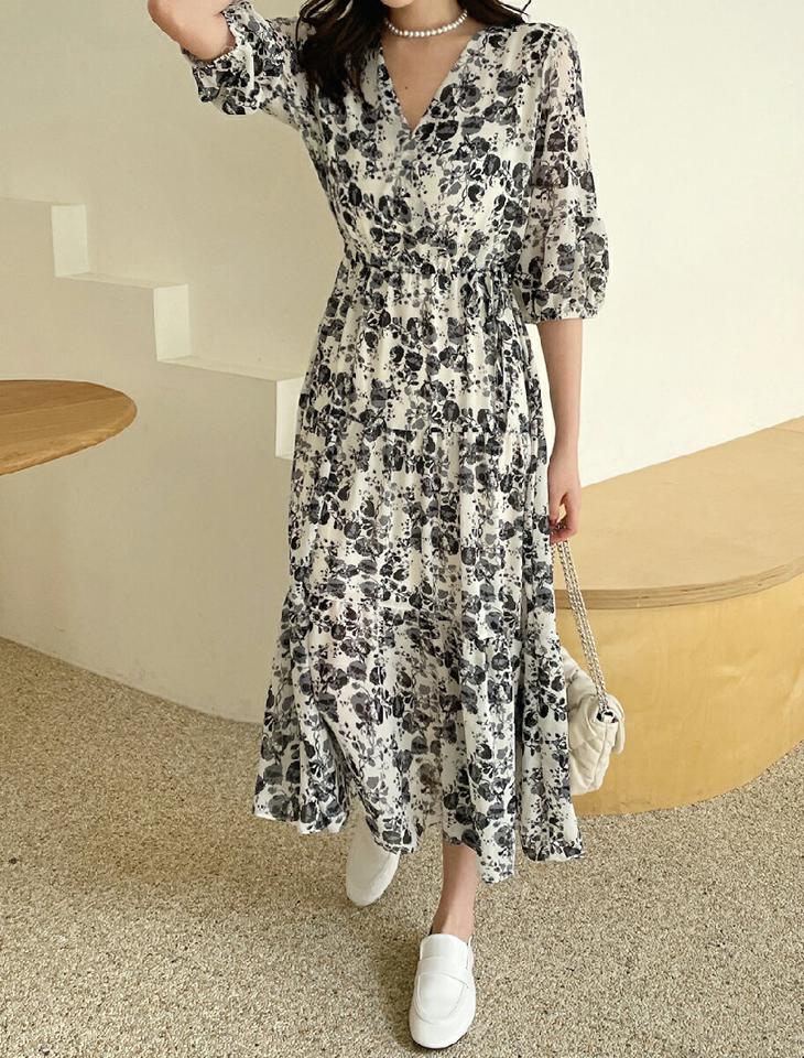 フラワーカシュクールワンピース・全2色・b66426 レディース 【ops】ワンピース ロング 丈 半袖 花柄 模様 総柄 Vネック 春 夏 鎖骨 デコルテ見せ カシュクール きれいめ フェミニン 大人 緑 上品 パフスリーブ 人気 韓国ファッション