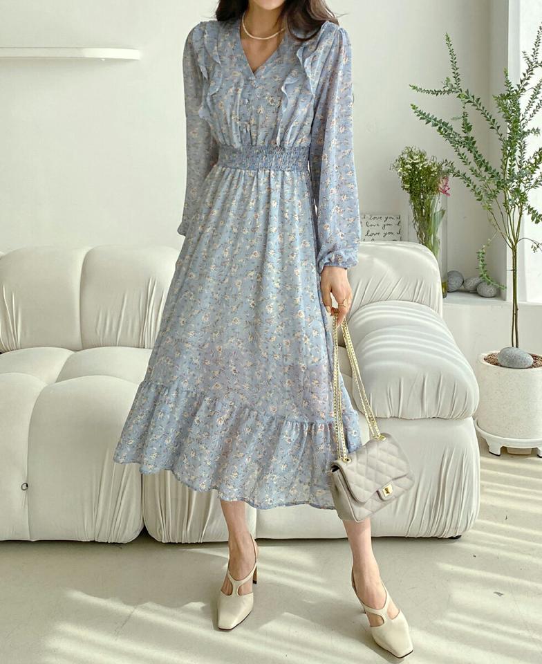 【マラソン特価】フリルフローラルワンピース・全4色・t66427 レディース 【ops】ワンピース ロング 丈 長袖 花柄 模様 総柄 パステル 春 秋 上品 揺れ感 フェミニン ガーリー Vネック 鎖骨 デコルテ見せ ウエストマーク シフォン フレア 韓国ファッション セール