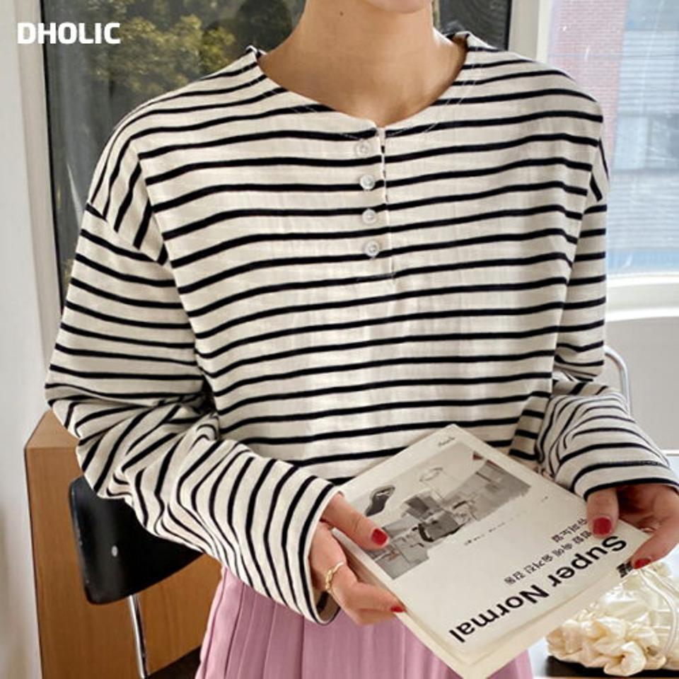 ボーダーハーフボタンTシャツ・全5色・t00186 レディース 【tops】韓国ファッション トップス Tシャツ 大人 長袖 ラウンドネック ボーダー ハーフボタン ルーズ シンプル 体型カバー 細身 フェミニン カジュアル デイリー 秋 冬