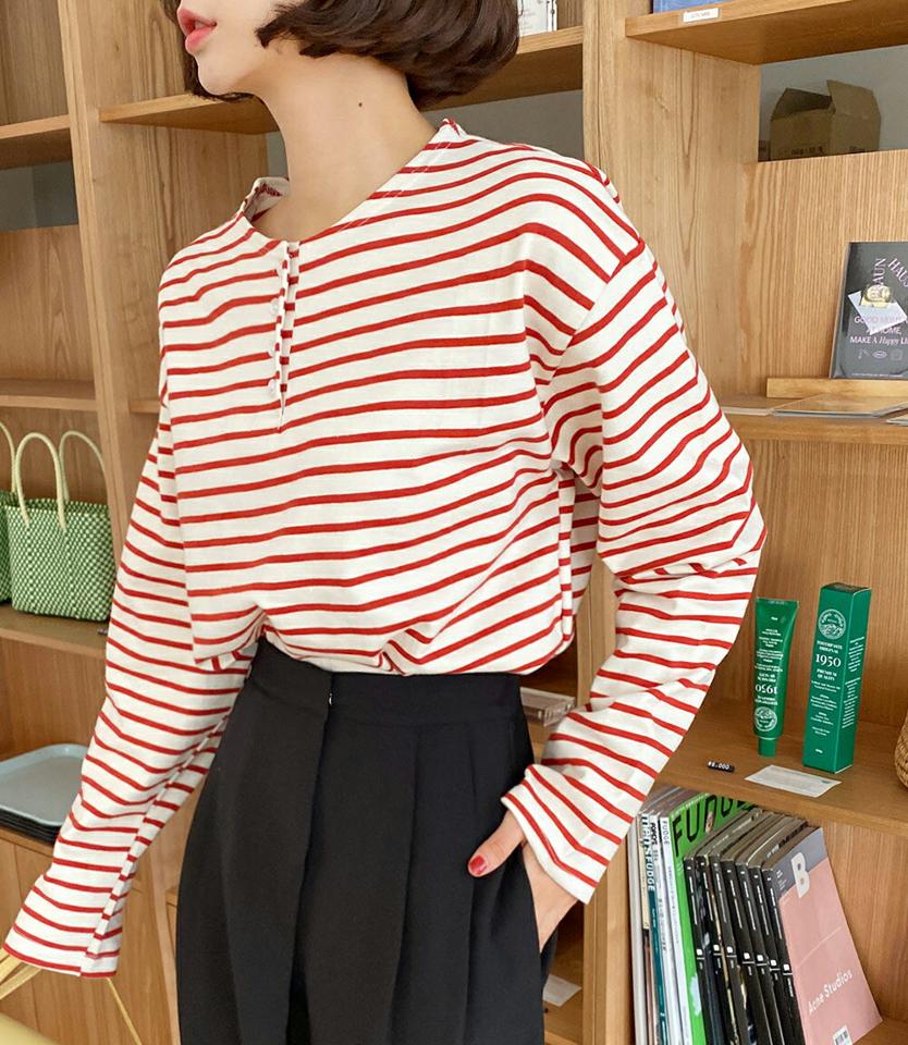 ボーダーハーフボタンTシャツ・全5色・t00186 レディース 【tops】韓国ファッション トップス Tシャツ 大人 長袖 ラウンドネック ボーダー ハーフボタン ルーズ シンプル 体型カバー 細身 フェミニン カジュアル デイリー 秋 冬