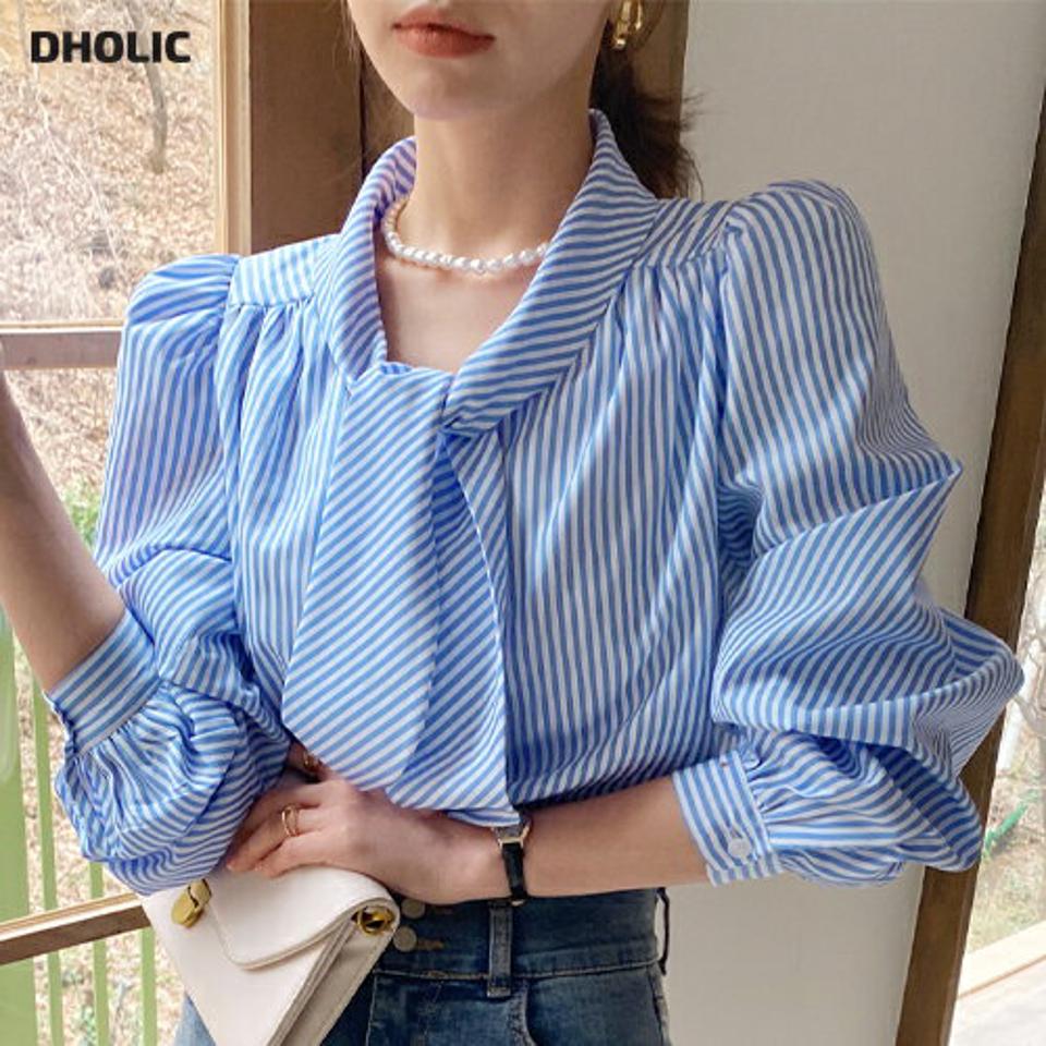 2TYPEボウタイパフブラウス・全2色・b00301 レディース 【bl】ブラウス 長袖 ボウタイ タイ ストライプ 柄 模様 2WAY 無地 単色 アンバランス 秋 春 ギャザー 大人っぽ きれいめ 上品 パフスリーブ 韓国ファッション ハイホリHIHOLLI