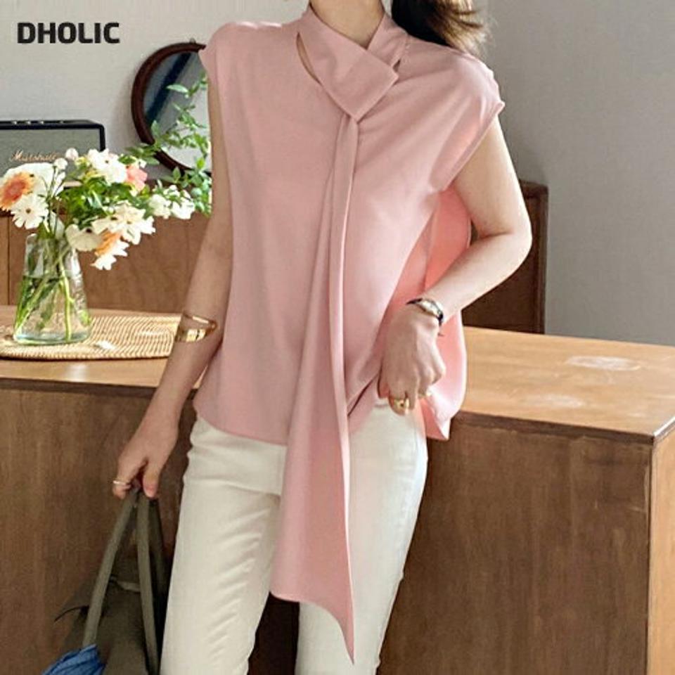 リボンフレンチスリーブブラウス・全5色・b00325 レディース 【bl】ブラウス トップス フレンチスリーブ 無地 シンプル リボン タイ パステル 春 夏 かわいい 可愛い オフィスカジュアル フェミニン ピンク 上品 韓国ファッション ハイホリHIHOLLI