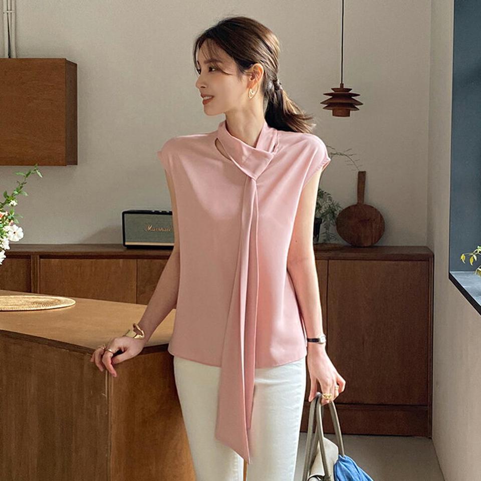 リボンフレンチスリーブブラウス・全5色・b00325 レディース 【bl】ブラウス トップス フレンチスリーブ 無地 シンプル リボン タイ パステル 春 夏 かわいい 可愛い オフィスカジュアル フェミニン ピンク 上品 韓国ファッション ハイホリHIHOLLI