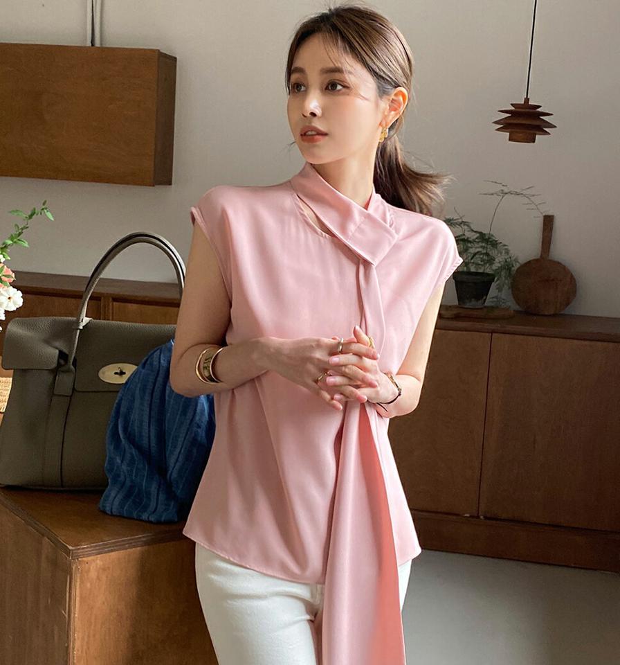 リボンフレンチスリーブブラウス・全5色・b00325 レディース 【bl】ブラウス トップス フレンチスリーブ 無地 シンプル リボン タイ パステル 春 夏 かわいい 可愛い オフィスカジュアル フェミニン ピンク 上品 韓国ファッション ハイホリHIHOLLI