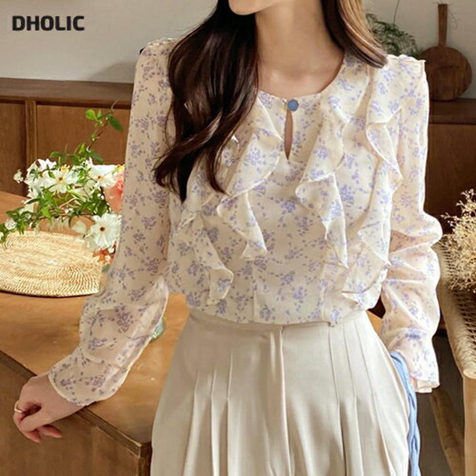 フリルフローラルボタンブラウス・全3色・t00295 レディース 【bl】ブラウス トップス 長袖 花柄 模様 総柄 フリル 春 秋 ボタン ボリューム クロップド丈 リンクル タック フェミニン ガーリー かわいい 可愛い 韓国ファッション ハイホリHIHOLLI