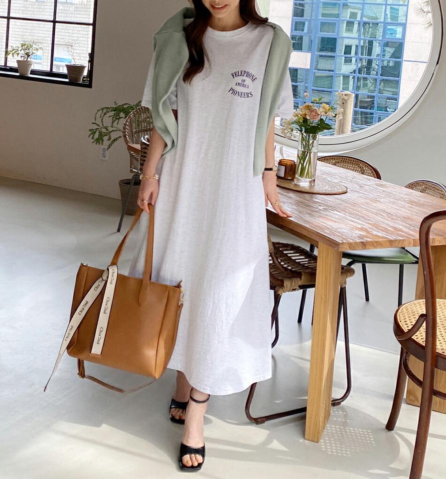 レタリングルーズ半袖ワンピース・全3色・b00304 レディース 【ops】ワンピース ロング 丈 半袖 レタリング ロゴ ロゴT シンプル ルーズ 春 夏 楽ちん ラフ フレア 綿 コットン 体型カバー 100％ カジュアル ワンマイルウェア 韓国ファッション ハイホリHIHOLLI