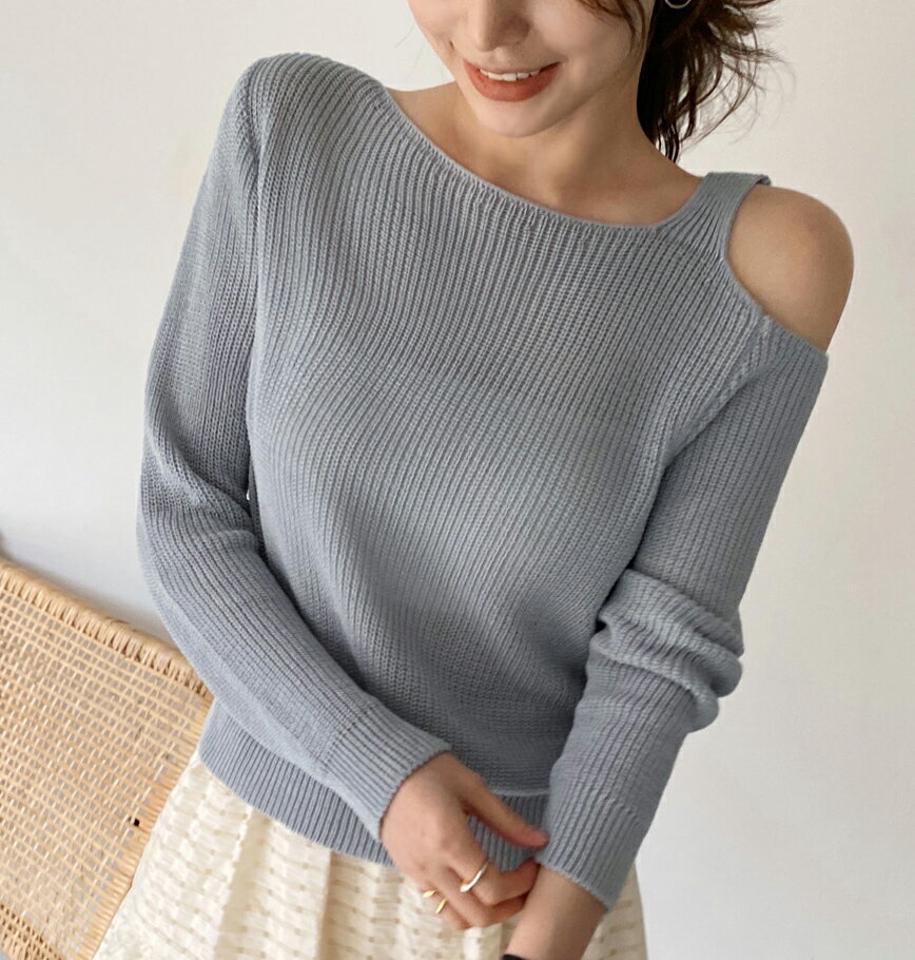 ストラップワンショルダーニット・全5色・t00294 レディース 【tops】トップス 長袖 ニット 単色 無地 ユニーク カットアウト 春 秋 カラーニット シンプルニット パステル クロップド丈 ワンショルダー 韓国ファッション ハイホリHIHOLLI