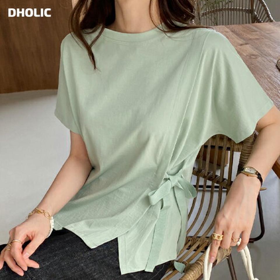 アンバランスサイドリボンTシャツ・全3色・b00292 レディース 【tops】トップス 半袖 Tシャツ 単色 無地 ユニーク リボン サイド パステル 春 夏 スリット 綿 コットン 楽ちん かわいい 可愛い 黄緑 フェミニン 爽やか 韓国ファッション ハイホリHIHOLLI