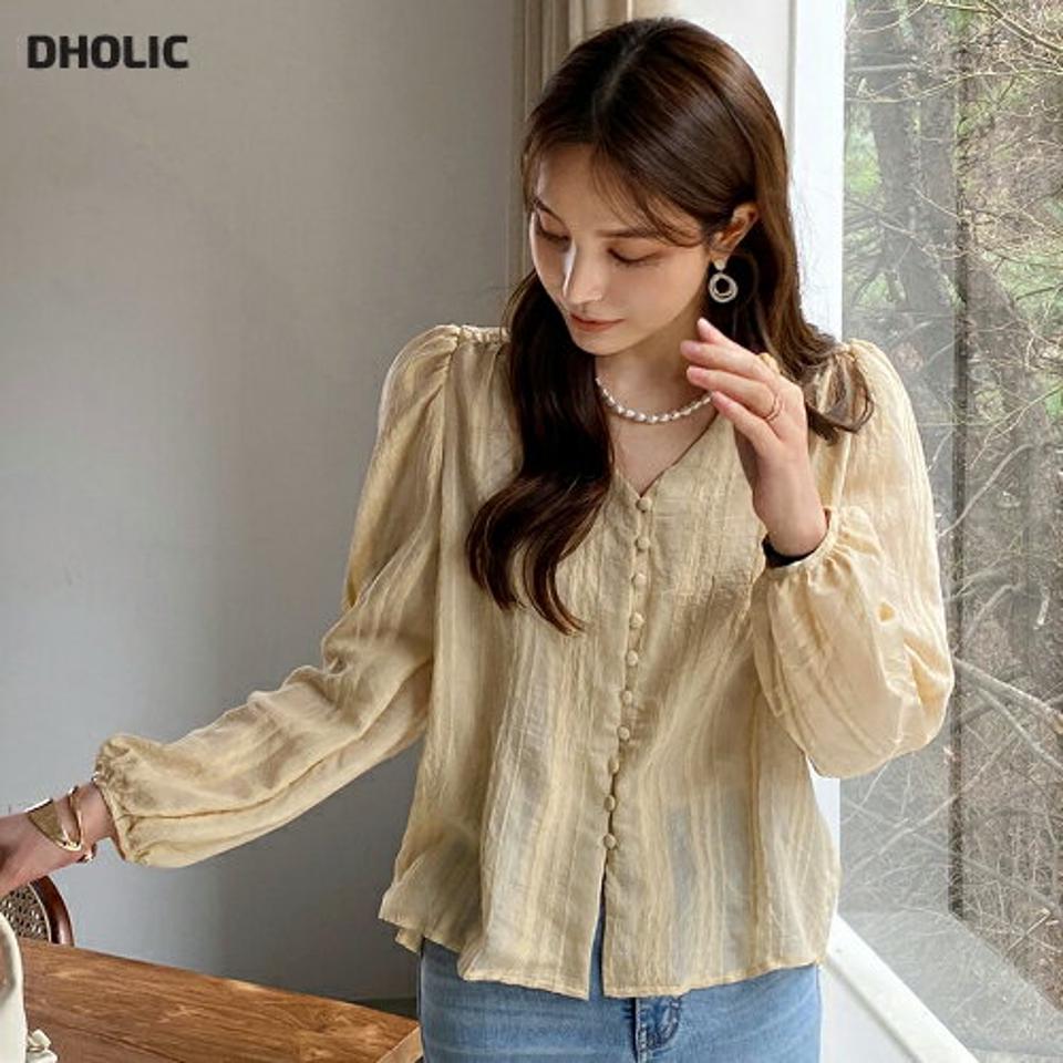 Vネックくるみボタンブラウス・全3色・t00296 レディース 【bl】ブラウス トップス 長袖 単色 ボタン パステル 模様 柄 ギャザー 春 秋 Vネック 鎖骨 デコルテ パフスリーブ 華やか フェミニン ガーリー 韓国ファッション ハイホリHIHOLLI