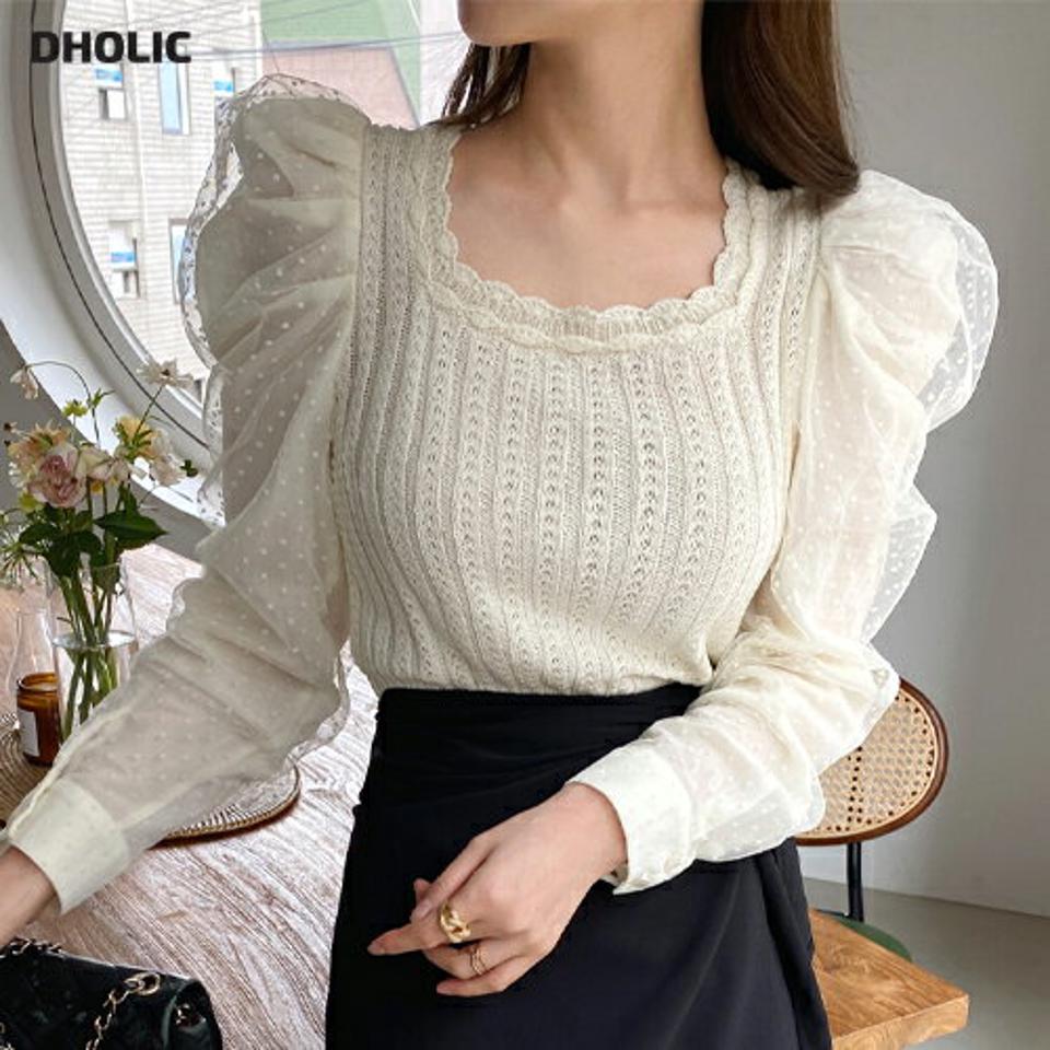スクエアネックドットシアーパフニット・全2色・b00299 レディース 【tops】ニット トップス 長袖 単色 異素材 パステル スクエアネック 鎖骨 デコルテ見せ パフスリーブ 編み 模様 ドット 柄 シアー 春 秋 冬 韓国ファッション ハイホリHIHOLLI