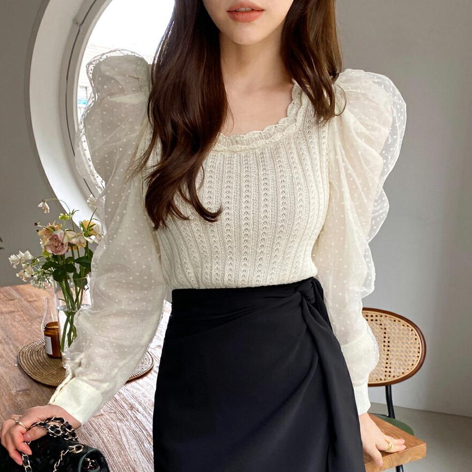 スクエアネックドットシアーパフニット・全2色・b00299 レディース 【tops】ニット トップス 長袖 単色 異素材 パステル スクエアネック 鎖骨 デコルテ見せ パフスリーブ 編み 模様 ドット 柄 シアー 春 秋 冬 韓国ファッション ハイホリHIHOLLI