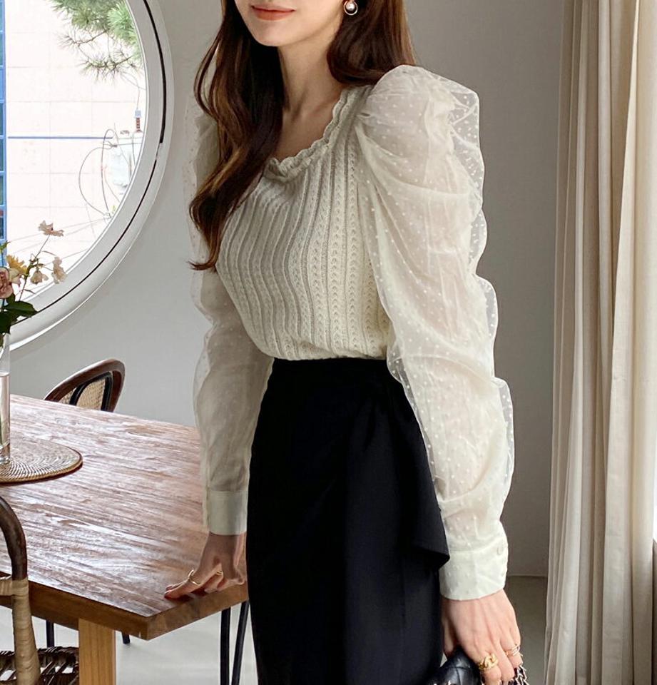 スクエアネックドットシアーパフニット・全2色・b00299 レディース 【tops】ニット トップス 長袖 単色 異素材 パステル スクエアネック 鎖骨 デコルテ見せ パフスリーブ 編み 模様 ドット 柄 シアー 春 秋 冬 韓国ファッション ハイホリHIHOLLI