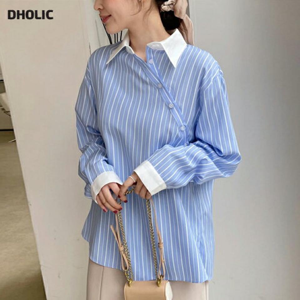 ダイアゴナルボタンストライプシャツ・全3色・t66849 レディース 【bl】 韓国ファッション トップス シャツ 長袖 シャツカラー ダイアゴナルボタン ストラップシャツ オーバーサイズ ユニーク デイリー モード オフィスルック カジュアル 春 秋