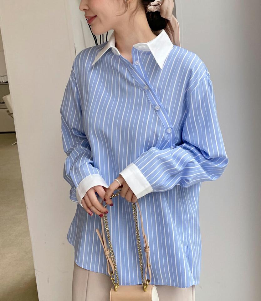 ダイアゴナルボタンストライプシャツ・全3色・t66849 レディース 【bl】 韓国ファッション トップス シャツ 長袖 シャツカラー ダイアゴナルボタン ストラップシャツ オーバーサイズ ユニーク デイリー モード オフィスルック カジュアル 春 秋